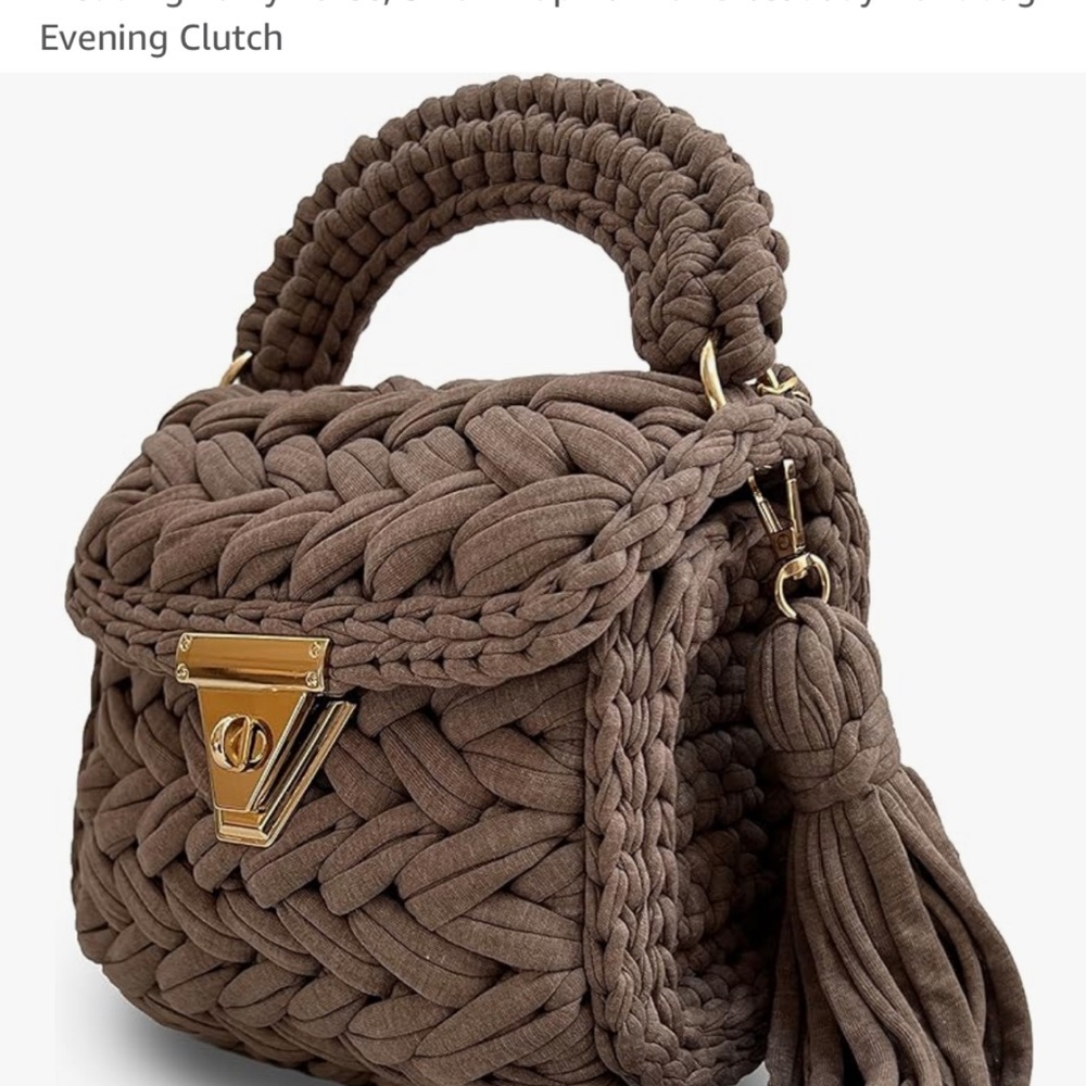 Woven Knit Top-Handle Bag in Taupe with Gold Hardware - Picture 2 of 6